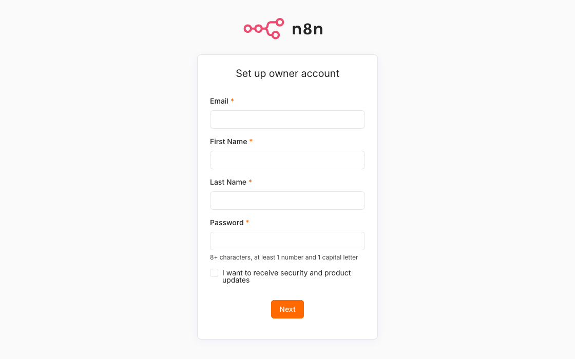 The n8n setup screen in a browser, asking for the owner account email, name and password.
