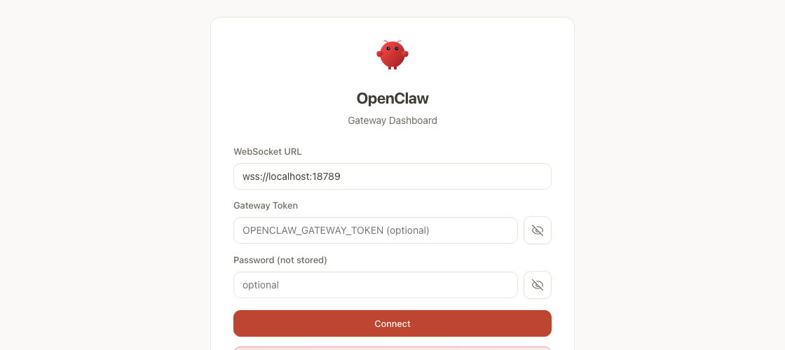 The OpenClaw gateway dashboard in a browser, with fields for the WebSocket URL, gateway token and an optional password.
